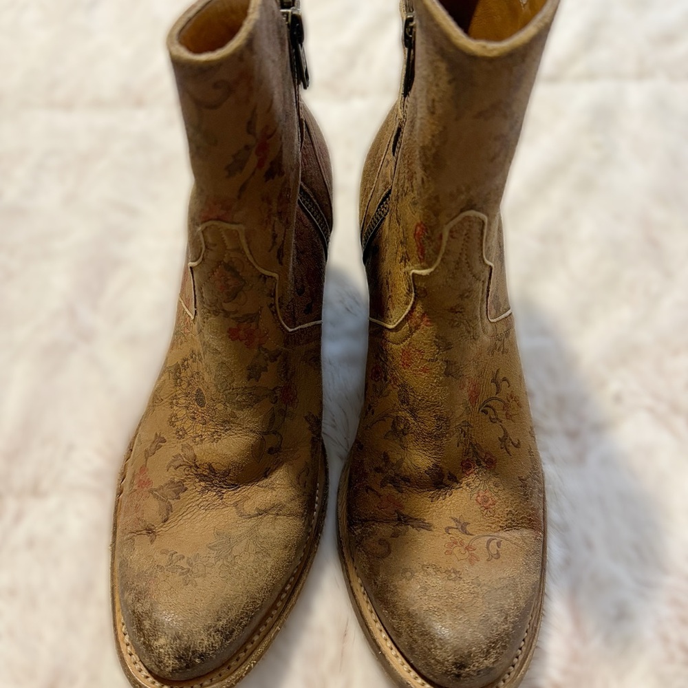 Lucchese Floral Ankle Boots with Buckles - Tan - Picture 3 of 6
